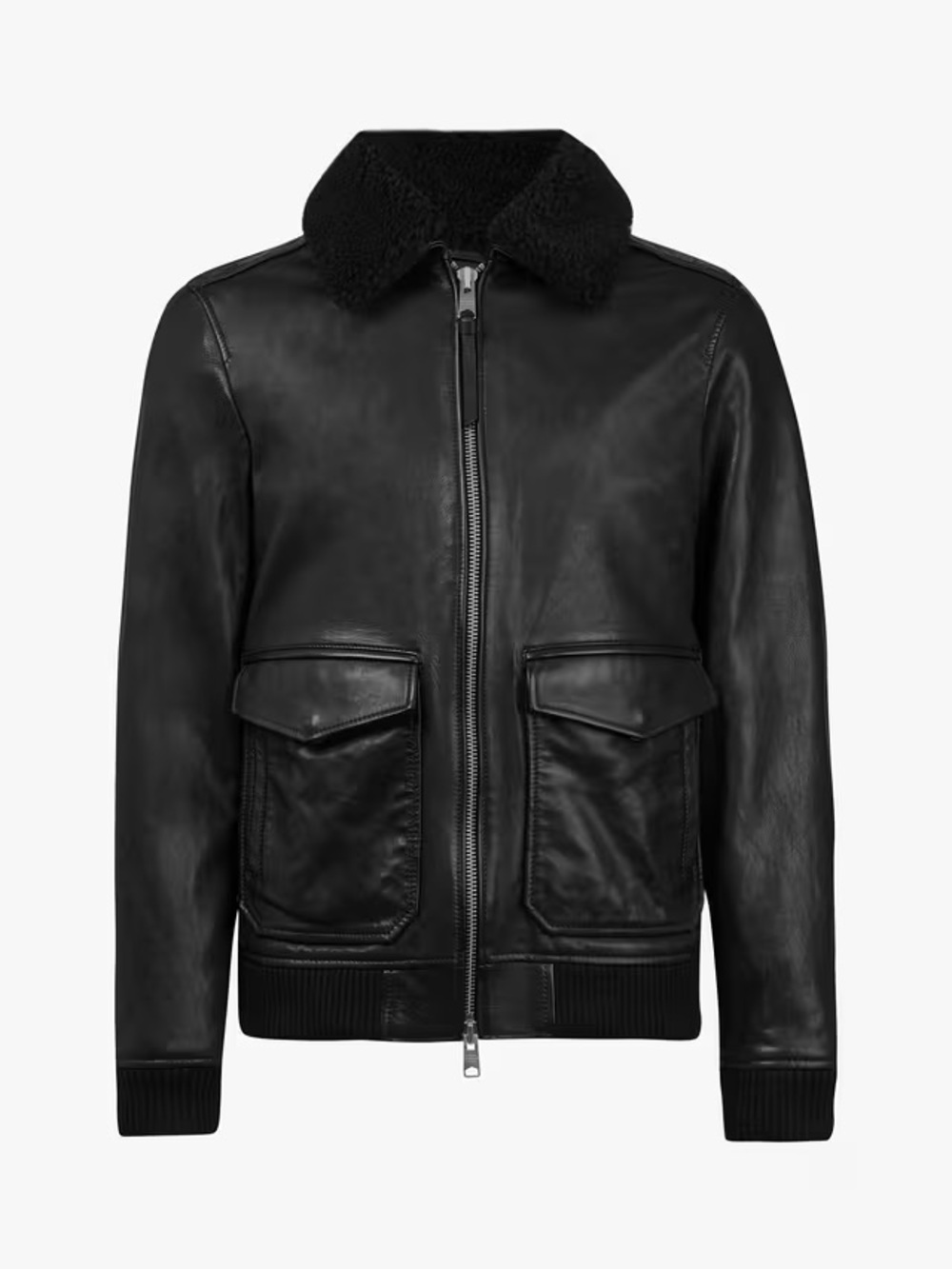 AllSaints Black Leather Bomber Jacket with Sherpa Collar Small